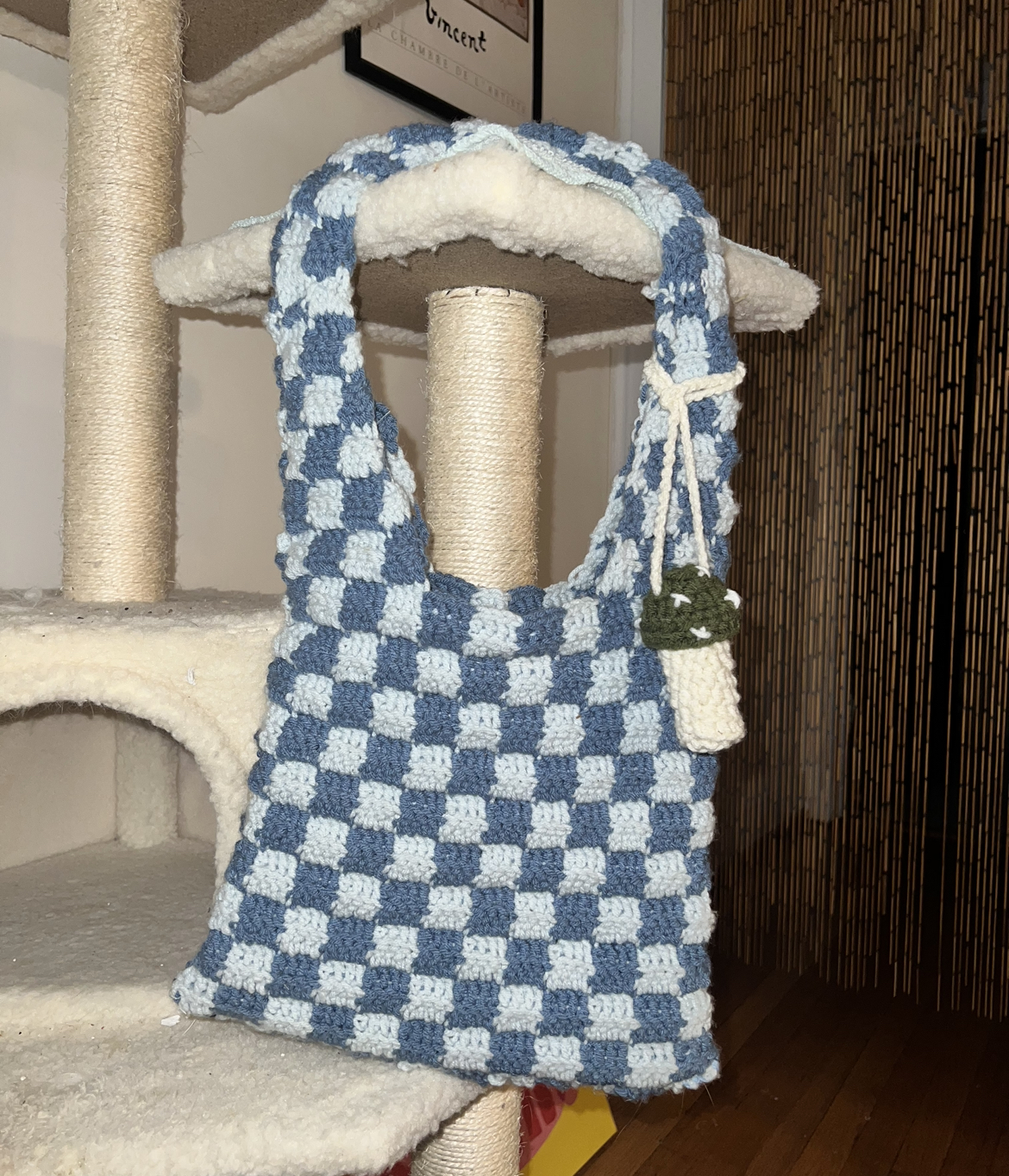 a checkered crochet bag